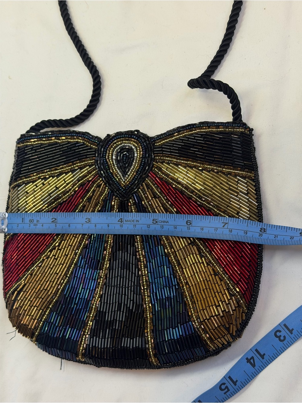 Multicolor Beaded Fan-Panel Crossbody Bag with Black Rope Strap - Picture 9 of 9
